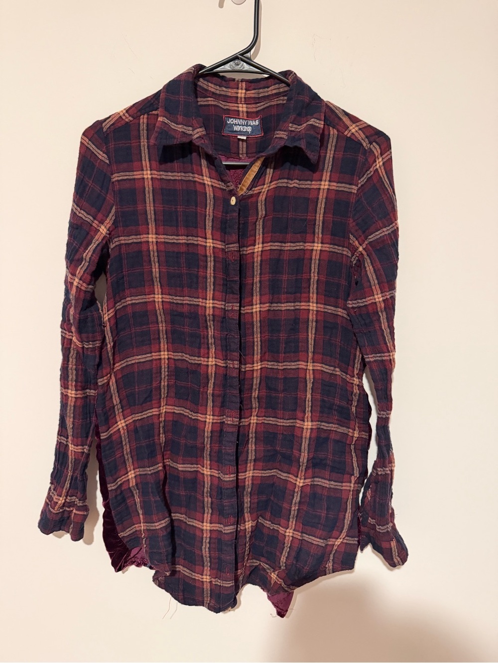 Embroidered Velvet-Back Plaid Women's Shirt Jacket - Burgundy Size:XS - Picture 2 of 5